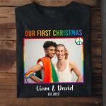 LGBT Couple Our First Christmas - Personalized Photo Matching Couple Shirt - Image 2