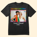 LGBT Couple Our First Christmas - Personalized Photo Matching Couple Shirt - Image 5
